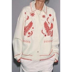 ZARA ZW Collection Embroidered Overshirt Jacket with Red Embroidery